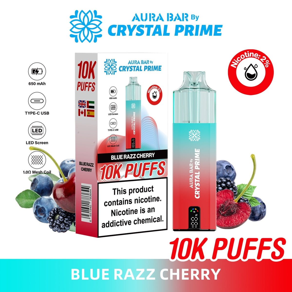 Buy Bulk Aura Bar 10K Disposable Vape By Crystal Prime Pack of 5 - Vape Wholesale Mcr