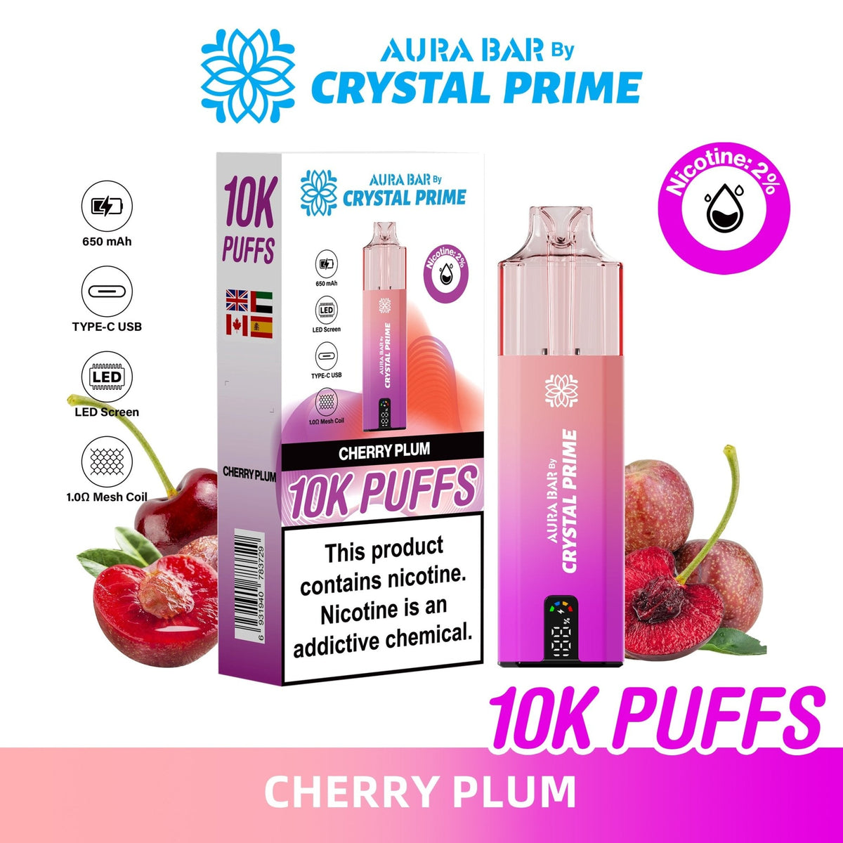 Buy Bulk Aura Bar 10K Disposable Vape By Crystal Prime Pack of 5 - Vape Wholesale Mcr