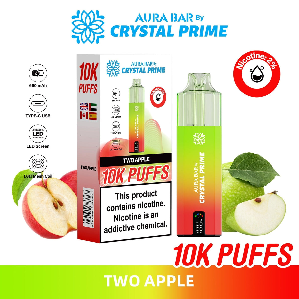 Buy Bulk Aura Bar 10K Disposable Vape By Crystal Prime Pack of 5 - Vape Wholesale Mcr