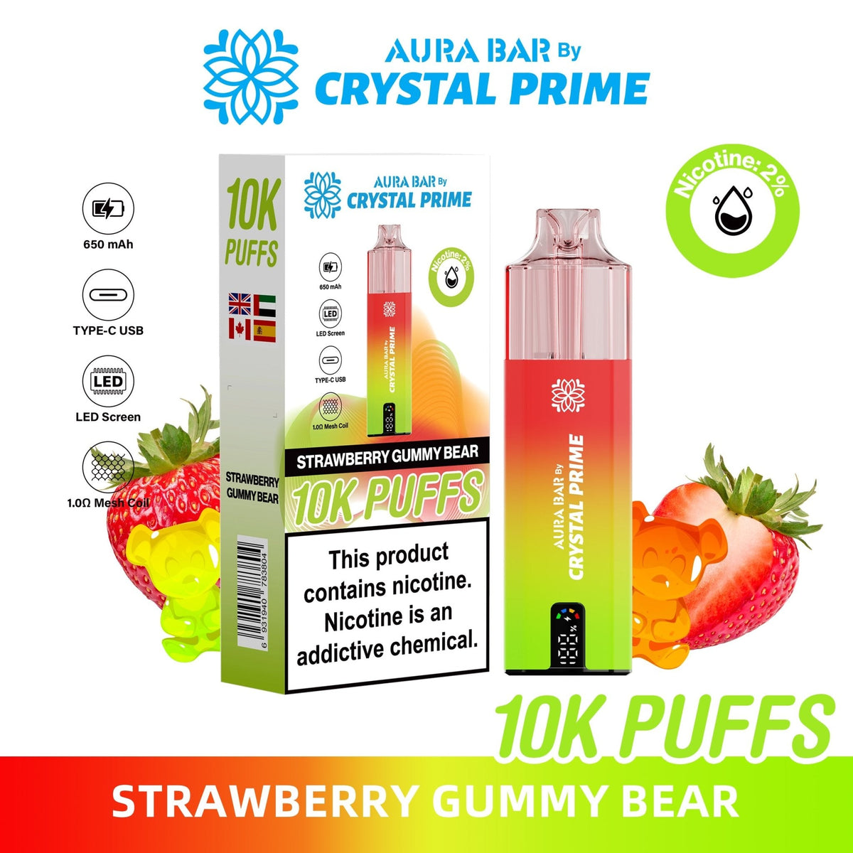 Buy Bulk Aura Bar 10K Disposable Vape By Crystal Prime Pack of 5 - Vape Wholesale Mcr