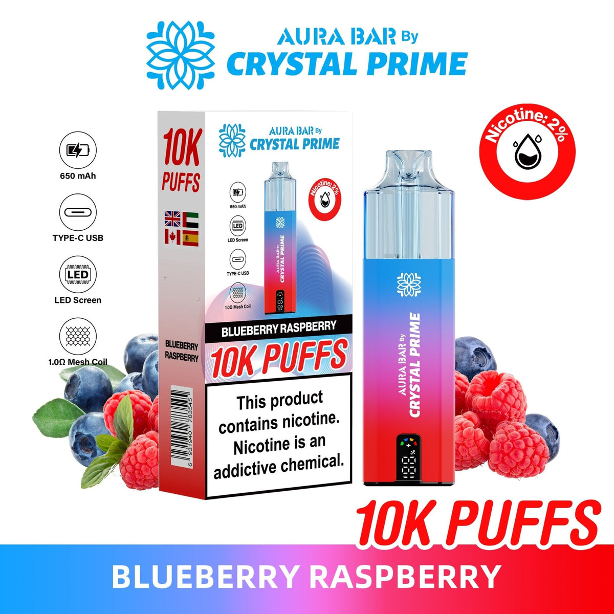 Buy Bulk Aura Bar 10K Disposable Vape By Crystal Prime Pack of 5 - Vape Wholesale Mcr