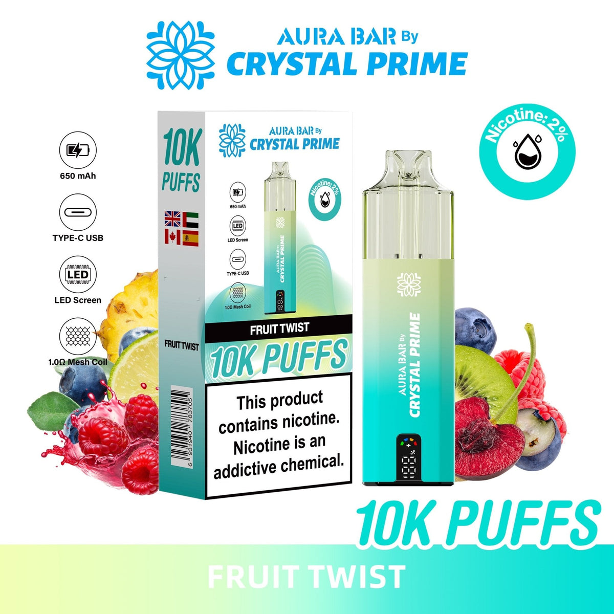 Buy Bulk Aura Bar 10K Disposable Vape By Crystal Prime Pack of 5 - Vape Wholesale Mcr