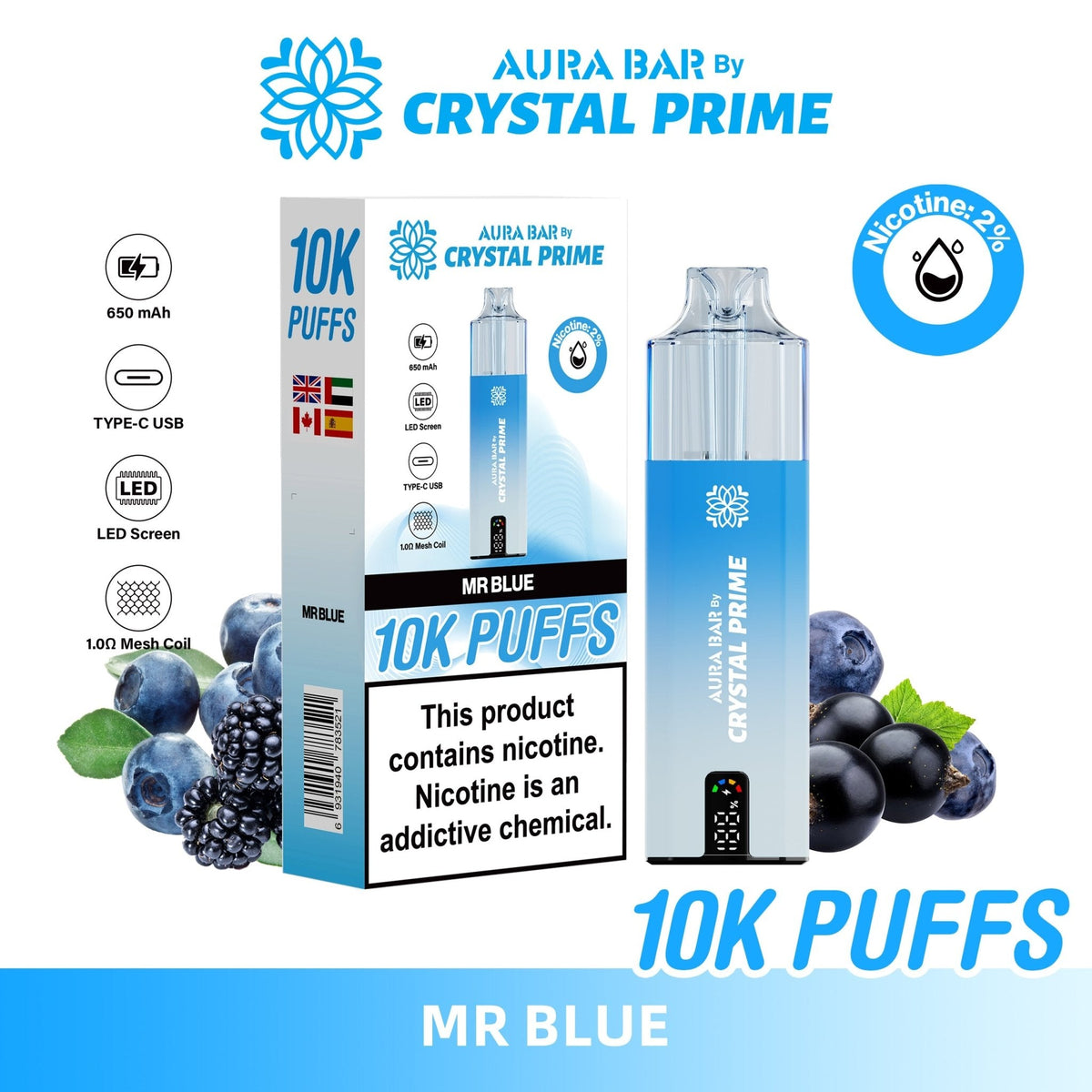 Buy Bulk Aura Bar 10K Disposable Vape By Crystal Prime Pack of 5 - Vape Wholesale Mcr