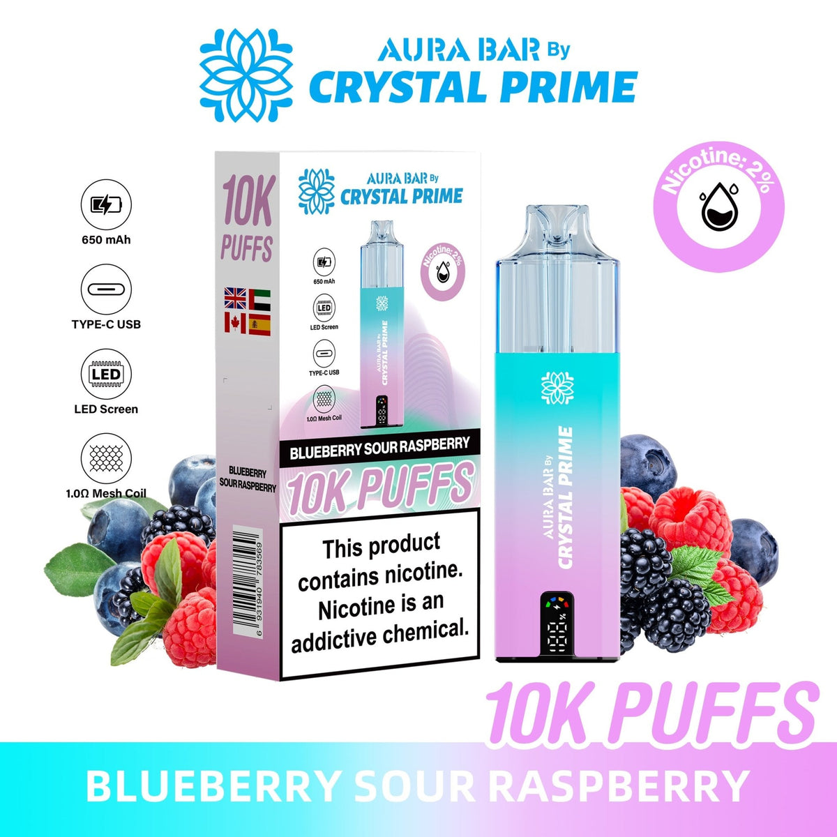 Buy Bulk Aura Bar 10K Disposable Vape By Crystal Prime Pack of 5 - Vape Wholesale Mcr