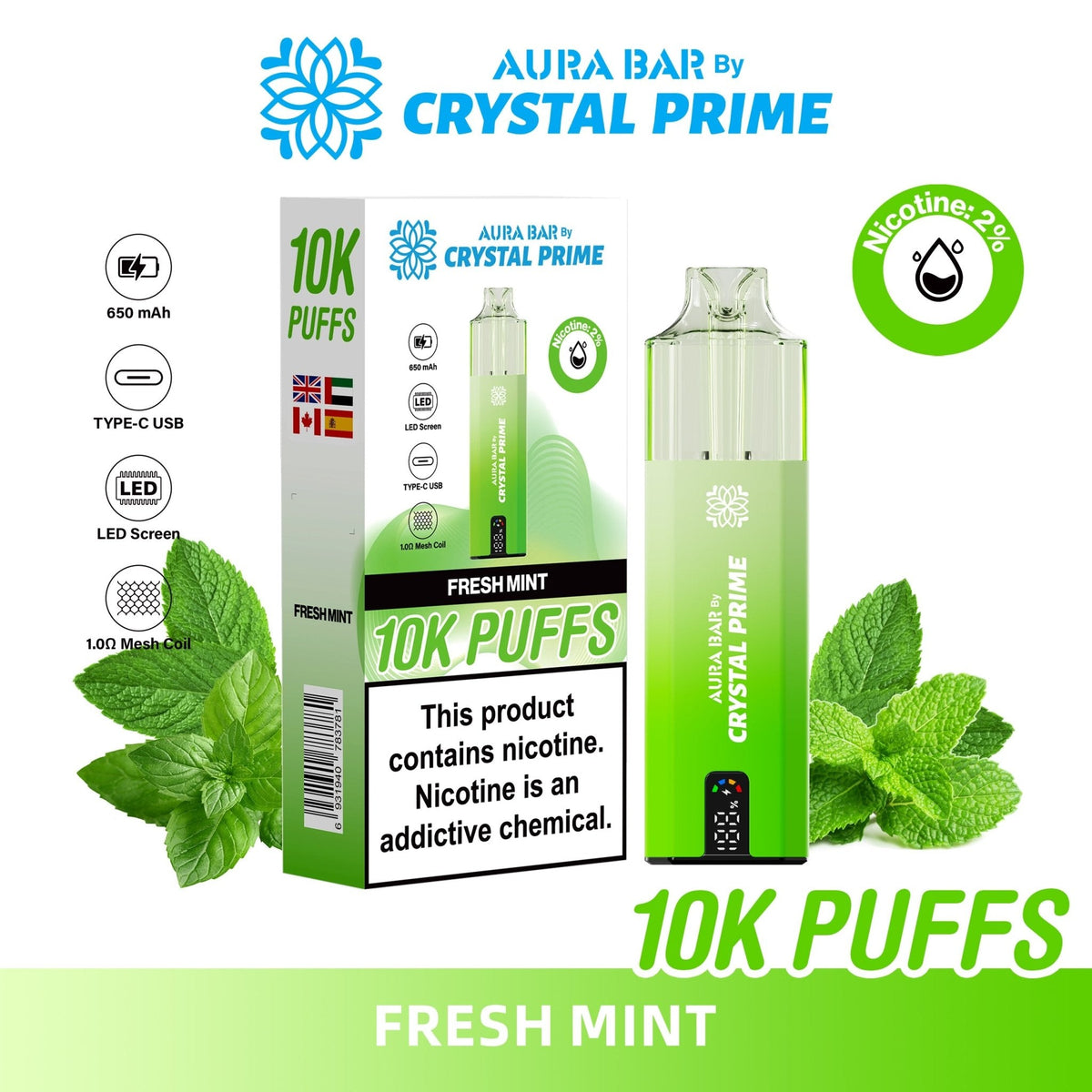 Buy Bulk Aura Bar 10K Disposable Vape By Crystal Prime Pack of 5 - Vape Wholesale Mcr