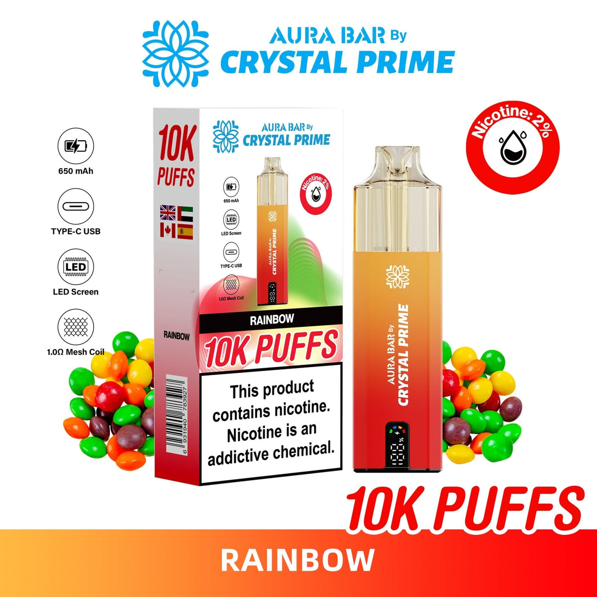 Buy Bulk Aura Bar 10K Disposable Vape By Crystal Prime Pack of 5 - Vape Wholesale Mcr