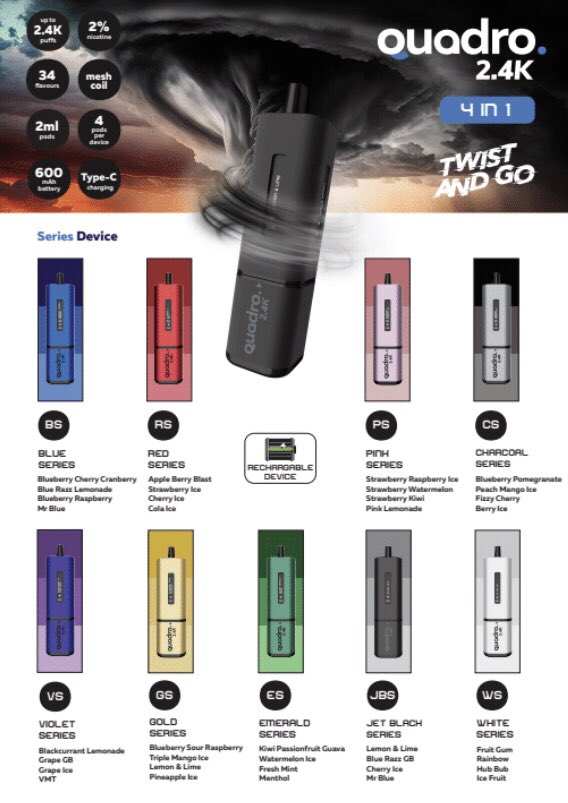 Buy Bulk Quadro 2400 Puffs 4 in 1 Disposable Vape Pod Box of 5 - Vape Wholesale Mcr