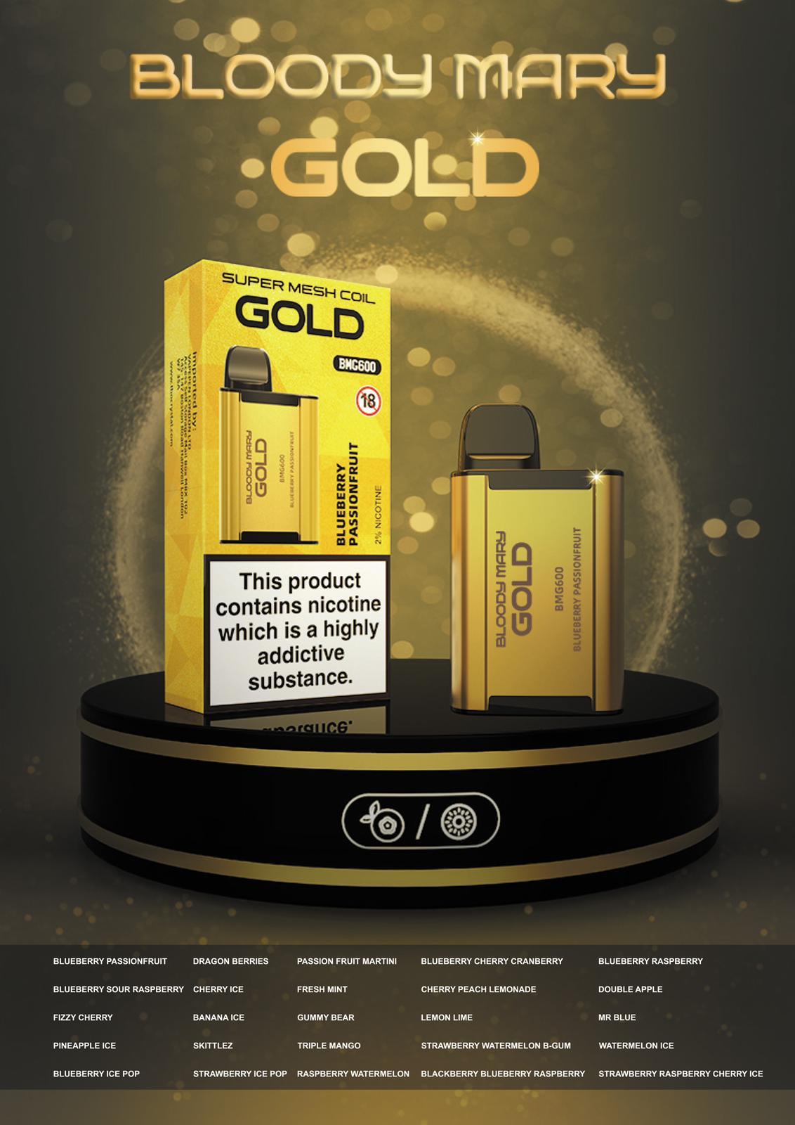 Bloody Mary Gold BMG600 Disposable Vape Pod Box of 10 - Blueberry Passionfruit -Vapeuksupplier