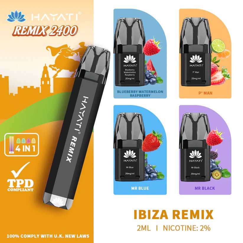 Buy Hayati Remix 2400 Puffs 4 in 1 Prefilled Pod Kit - Box of 5 - Vape Wholesale Mcr Buy Hayati Remix 2400 Puffs 4 in 1 Prefilled Pod Kit - Box of 5 - Vape Wholesale Mcr